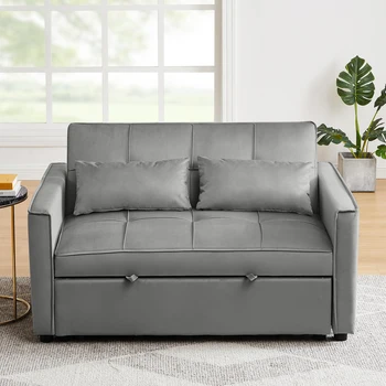Луксозен и елегантен Сиво кадифе разтегателен диван с две възглавнички и ролки, подходящ за спални и дневни
