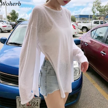 Лятна тениска Woherb, дамски плажни тънки прозрачни ризи Оверсайз, корейски луксозен бял топ, улични ежедневни ризи с дълъг ръкав