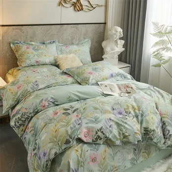 Мек Чаршаф от 100% памук, плосък чаршаф, калъфки за възглавници, 4 бр. в комплект спално бельо с ярки луксозни цветове, двоен размер Queen King
