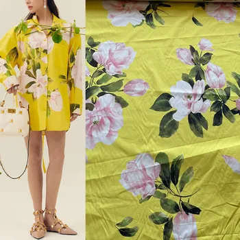 Модни жълто-розов памучен плат с флорални принтом или имитирующая коприна сатен плат за женски рокли, блузи Tissu Tela Памук материал DIY
