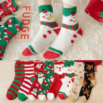 Нови Коледни топли и дебели зимни чорапи от коралов руно с снеговиком за сън