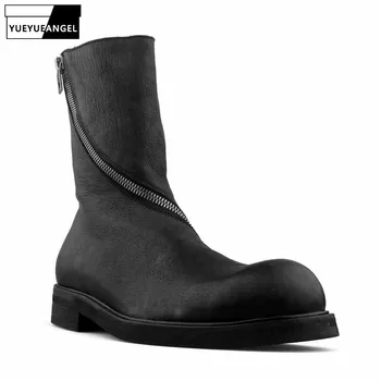 Нови мъжки реколта обувки до средата на прасците от естествена кожа, с кръгли пръсти, зимни обувки, ръчно изработени в стил пънк, черни обувки в стил милитари, Zapatos Hombre