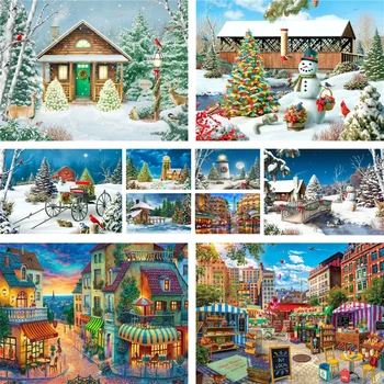 Пейзаж Коледна картина със собствените си ръце по номера Комплект Акрилни бои маслени бои Декорация на дома, за деца на Едро Подарък ръчна изработка