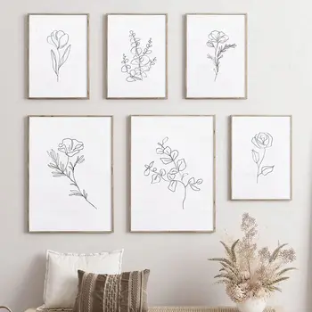 Плакат с листа на растения от Абстрактни цветя линия Картина върху платно Минималистичные цветни стенни щампи Картини за домашен интериор дневна