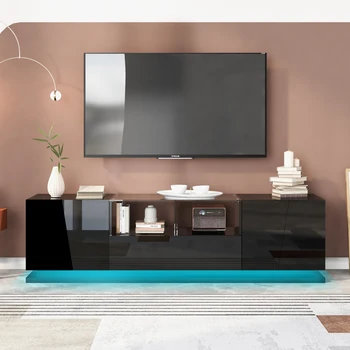 Поставка за телевизор от закалено стъкло, Модерен Лъскав развлекателен център за телевизори с диагонал на екрана до 72 инча, Телевизионен шкаф с осветление и цветен led подсветка