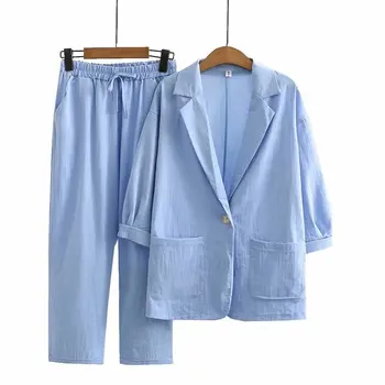 Пролетта и лятото женски памук лен блейзър, однотонное палто с дълги ръкави + панталони, 2 бр. универсални дамски комплекти за почивка