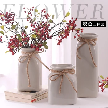 Прост набор от сиви керамични вази от три части за декорация на дома, цветя, украса, хол, спалня, нощно шкафче, начало на фестивала