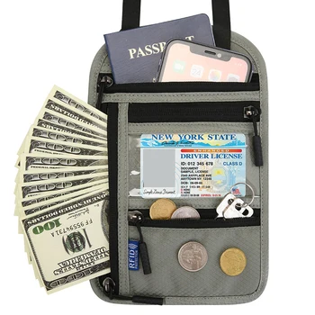 Пътна чанта на шийката на портфейла, семеен титуляр за паспорт, органайзер, калъф с RFID заключване, множество джобове, джоб за кредитни документи за паспорт