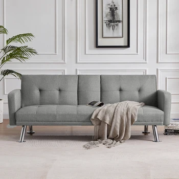 Разтегателен диван с подлакътник, текстилен разтегателен диван за хола.
