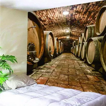 Ретро винарска изба с тухлена стена, хол, гоблени, винарска изба, дъбова бъчва, студен тъмен подземен изба, стенен интериор за хотели