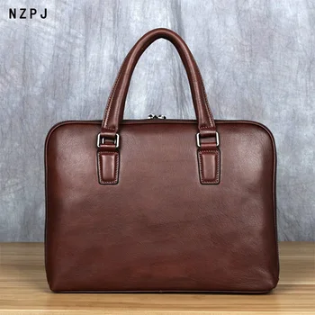 Ретро мъжки портфейл от телешка кожа, ежедневна чанта от естествена кожа, бизнес чанта през рамо, кафява 14-инчовата чанта за лаптоп NZPJ