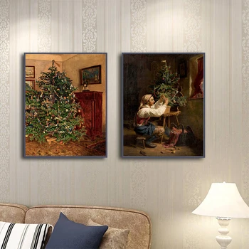 Ретро плакат с Коледна елха, антични картина върху платно средно век, домашен натюрморт, арт принт, стенни живопис, интериор на хол