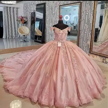 Розови дантелени буйни рокли, бална рокля, по-големи размери, маскарадное мексиканското рокля за бала 15 Year Old Sweet Sixteen 16 с открити рамене