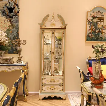 Романтичната рисувани в стила на френския двор златна фолио, изцяло от масивно дърво бежовата стъклена врата винен шкаф витрина