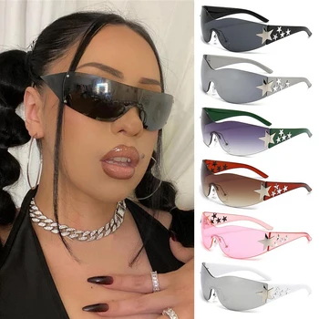 Слънчеви очила Y2K за жени и мъже, модни очила без рамки в стил звезден пънк, цели слънчеви очила с негабаритной обвивка около нюанси на 2000-те години, очила с UV400 нюанси