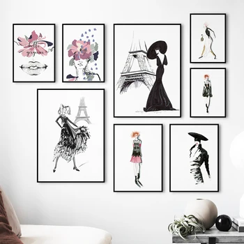 Стенни картина с принтом за хола и стена на изкуството, живопис върху платно, Парижское модерни дрехи за момичета, цветен и черно-бял плакат в скандинавски стил