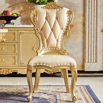 Трапезни столове от масивно дърво в европейски стил с двустранна резбовани кожени седалки, американски трапезни столове от висок клас