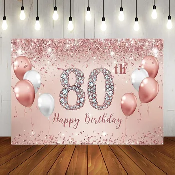 Фон с 80-годишнината, Блестящи диаманти, балони, гирлянди, банер, розово Злато, розови орнаменти, женски фон за снимка на годишнина от